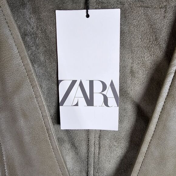 Zara Vest Womens Size Small Army Green Faux Leather Pinafore Skirt Dress Tunic - Picture 8 of 10